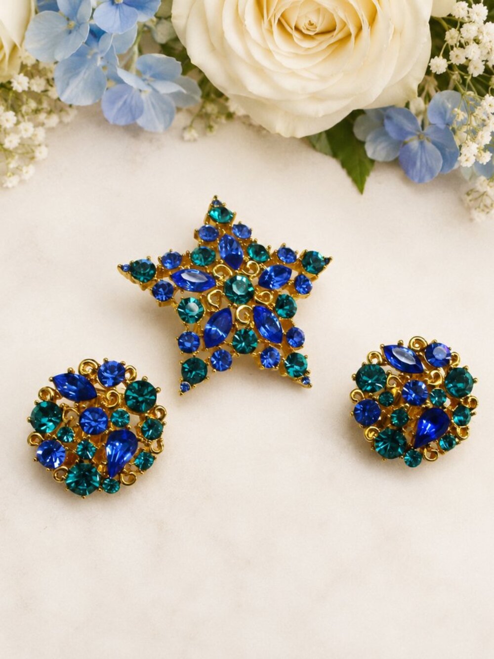 Vintage MJENT Star and Moon Rhinestone Gold Plate Brooch Earrings Designer Set